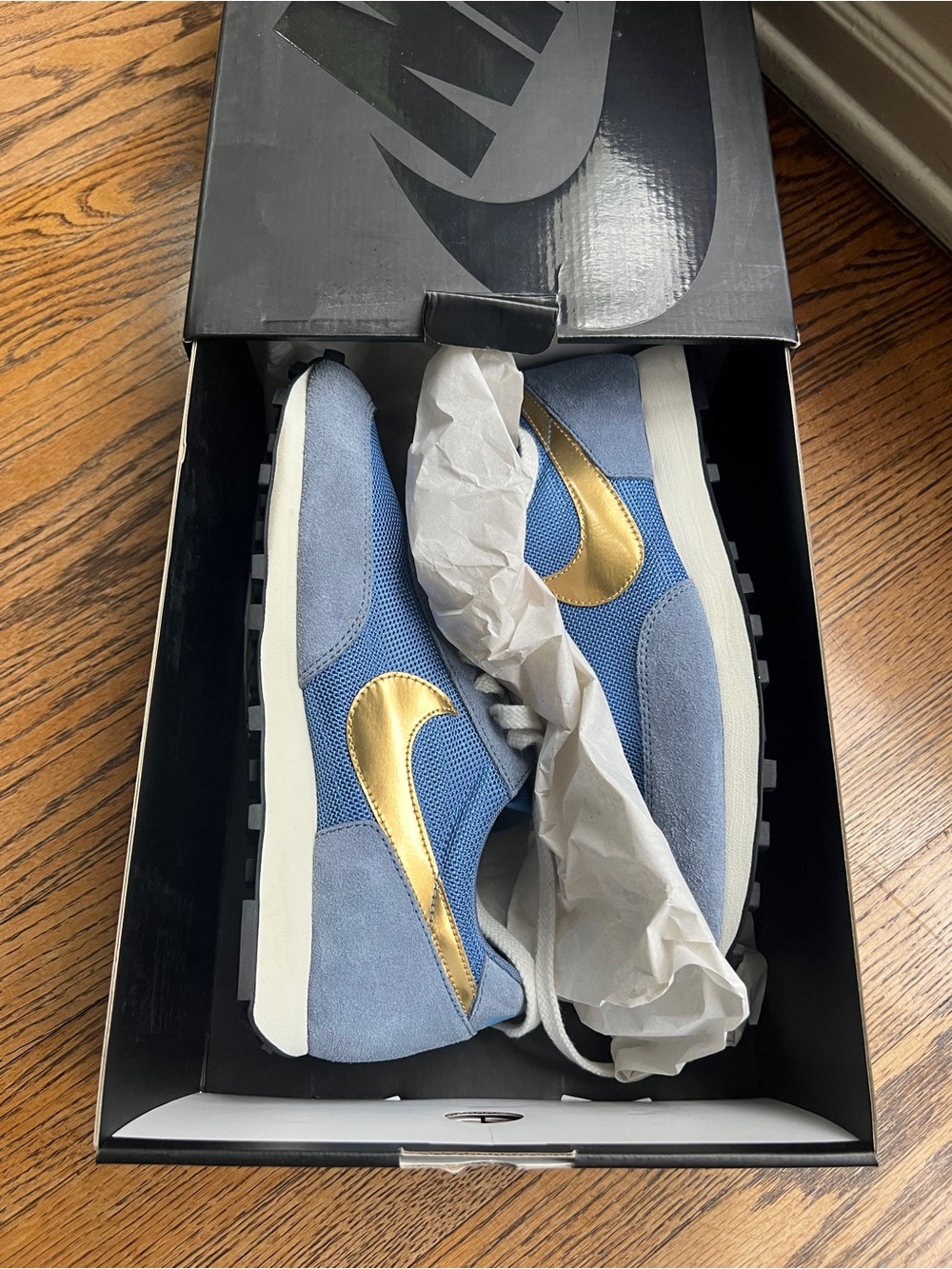 Nike Daybreak SP Ocean Fog Blue Suede & Mesh Sneakers with Metallic Gold Swoosh